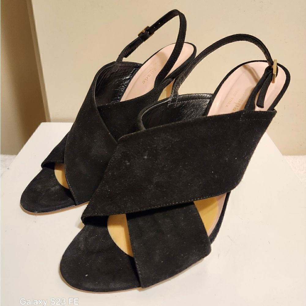 Kate Spade Black Suede Criss Cross Straps Slingback Heeled Sandals Sz.8 Ret.$195 - Picture 4 of 9